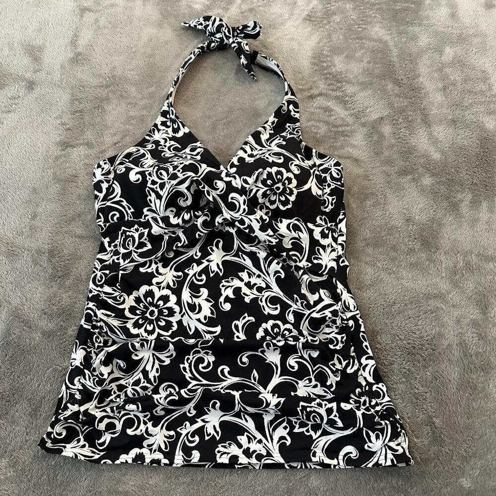 Lands' End Swimsuit Tankini Top Black White Halter Women's 8 D